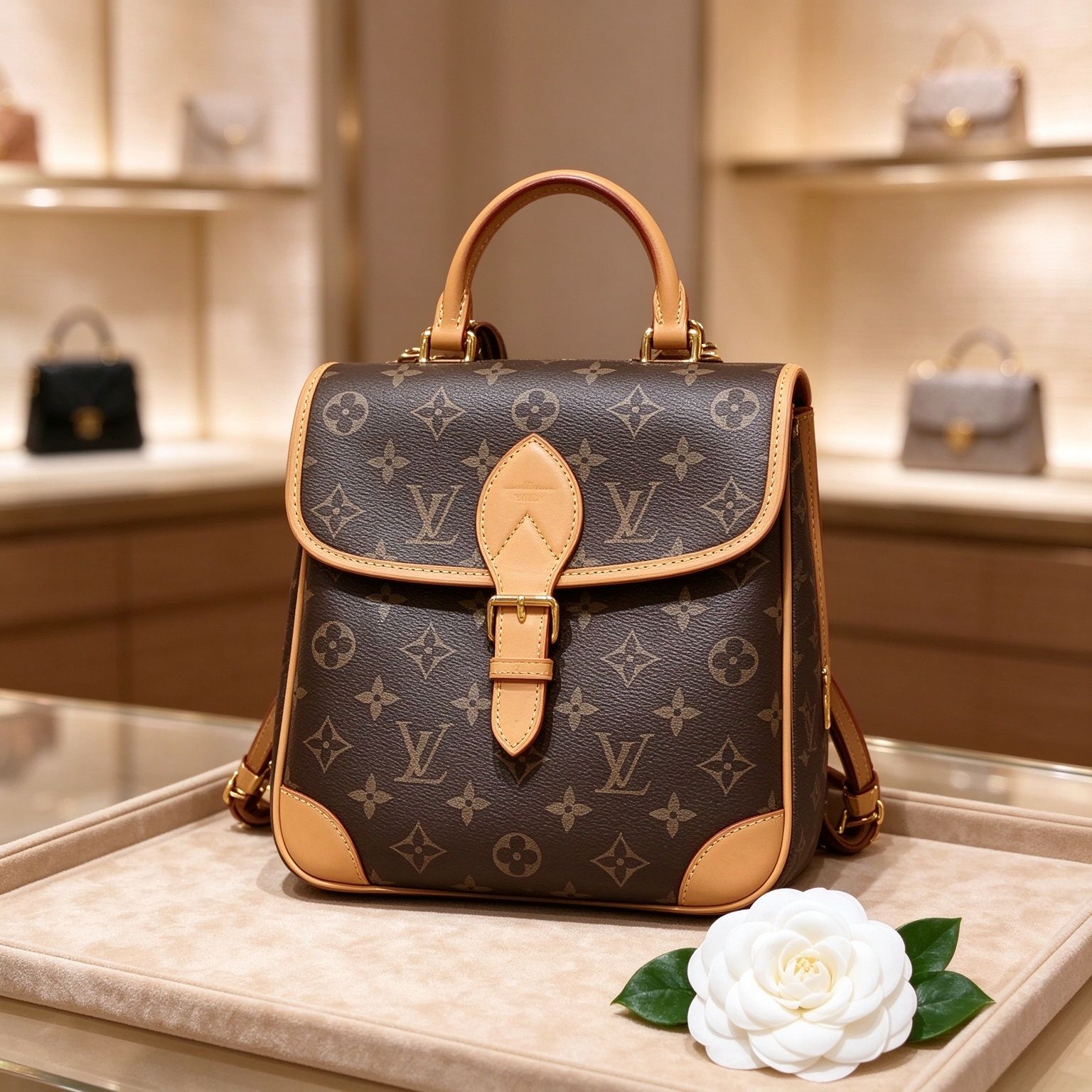LV หลุยส์ Monogram กระเป๋าเป้สะพายหลัง Presbyopic Flap กระเป๋าถือหนังสีแทนผักสไตล์วินเทจกระเป๋าเป้สะพายหลังขนาดเล็กสำหรับผู้หญิง 图 5