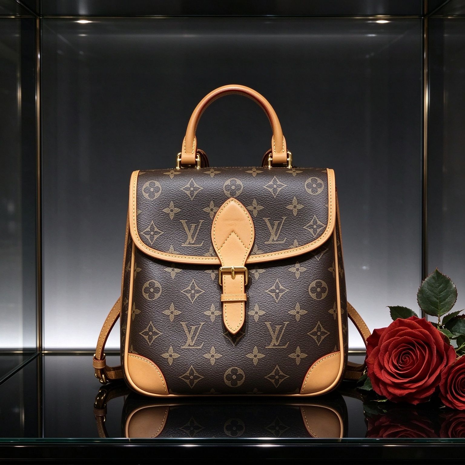 LV หลุยส์ Monogram กระเป๋าเป้สะพายหลัง Presbyopic Flap กระเป๋าถือหนังสีแทนผักสไตล์วินเทจกระเป๋าเป้สะพายหลังขนาดเล็กสำหรับผู้หญิง 图 2