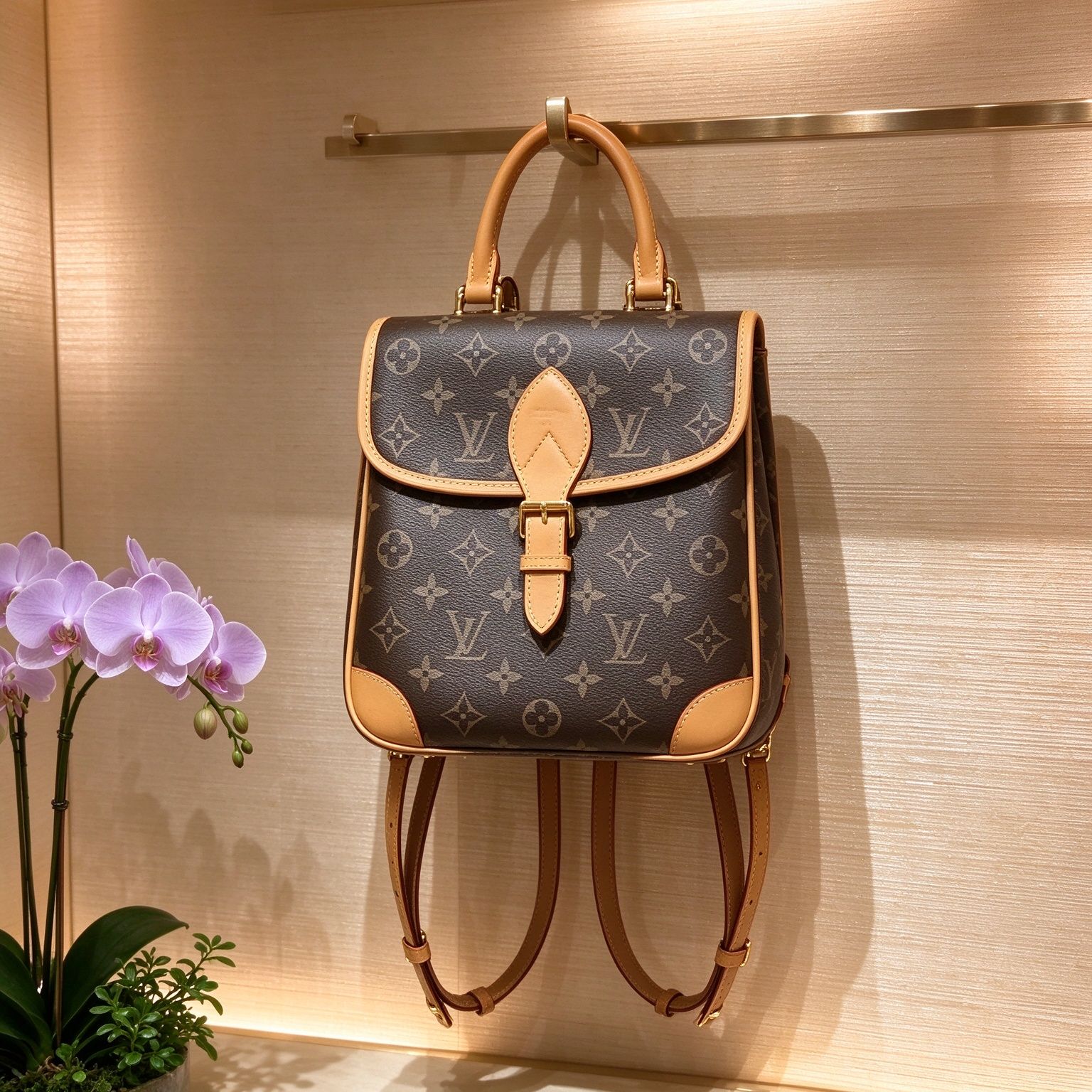 LV หลุยส์ Monogram กระเป๋าเป้สะพายหลัง Presbyopic Flap กระเป๋าถือหนังสีแทนผักสไตล์วินเทจกระเป๋าเป้สะพายหลังขนาดเล็กสำหรับผู้หญิง 图 3