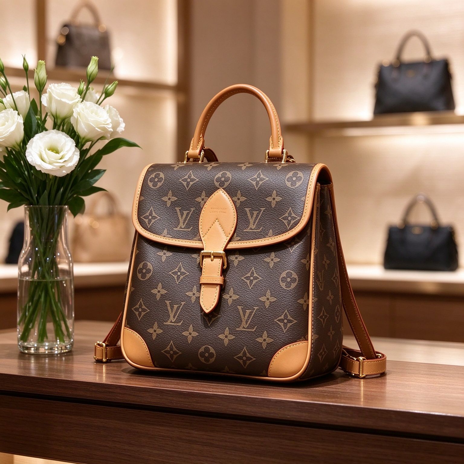 LV หลุยส์ Monogram กระเป๋าเป้สะพายหลัง Presbyopic Flap กระเป๋าถือหนังสีแทนผักสไตล์วินเทจกระเป๋าเป้สะพายหลังขนาดเล็กสำหรับผู้หญิง