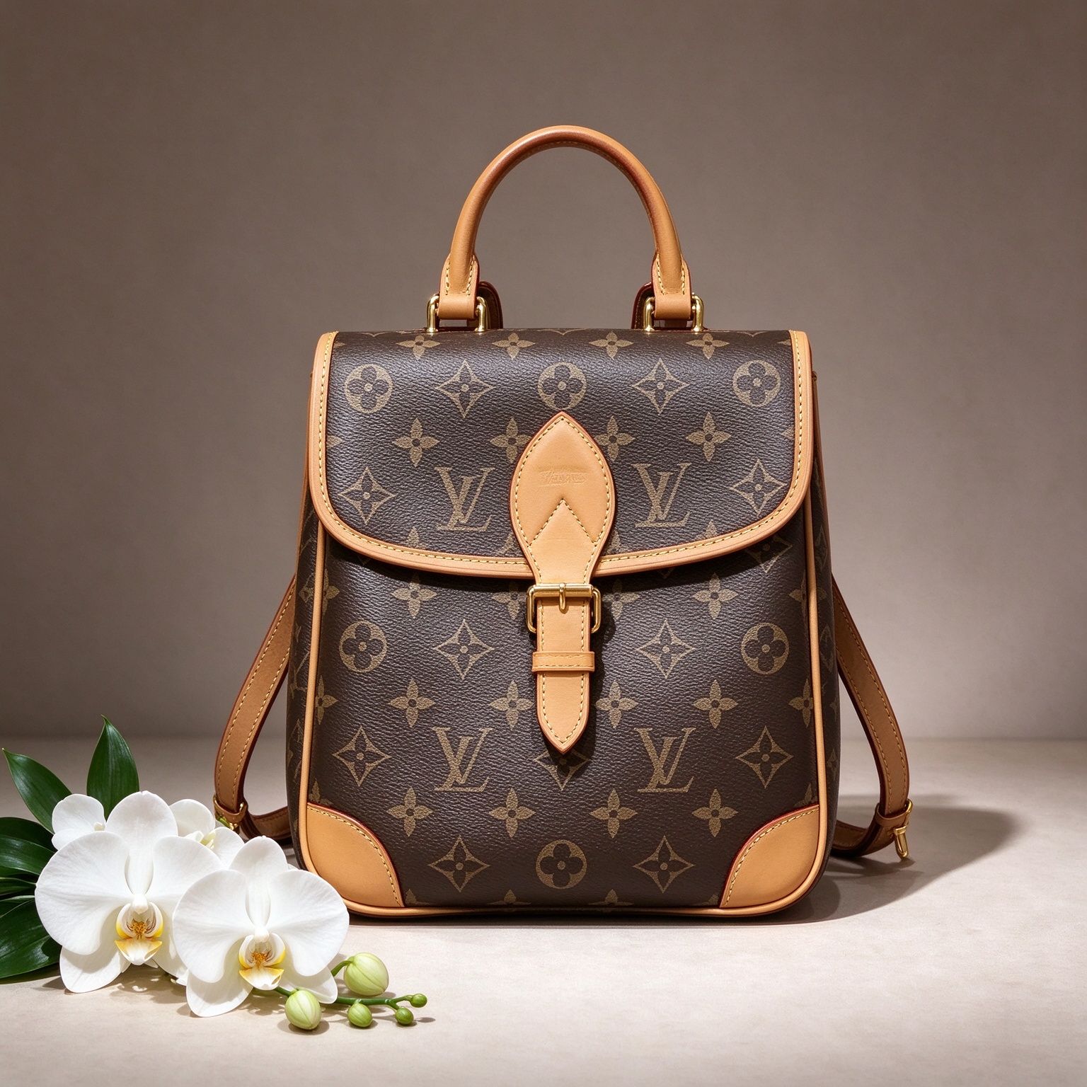LV หลุยส์ Monogram กระเป๋าเป้สะพายหลัง Presbyopic Flap กระเป๋าถือหนังสีแทนผักสไตล์วินเทจกระเป๋าเป้สะพายหลังขนาดเล็กสำหรับผู้หญิง