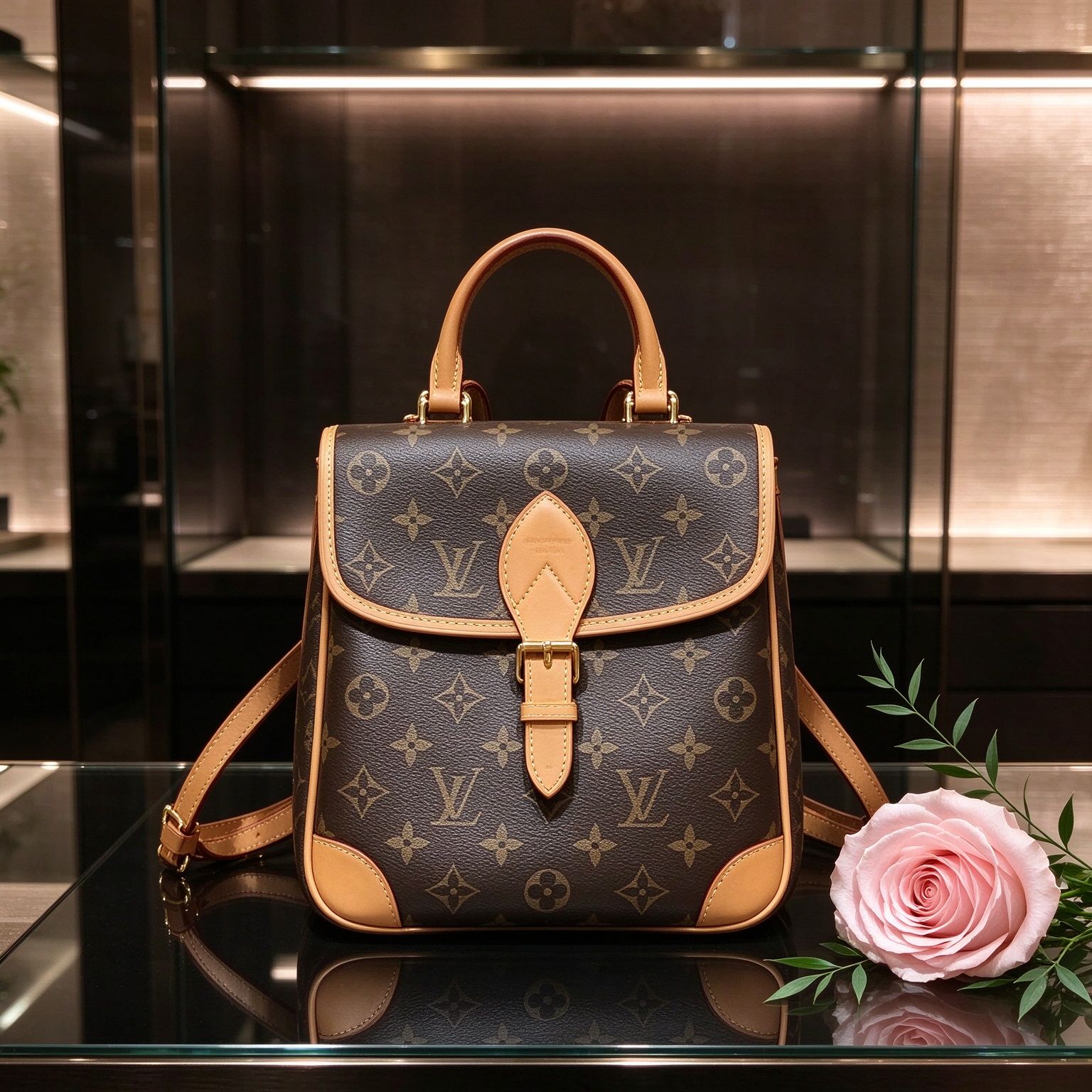 LV หลุยส์ Monogram กระเป๋าเป้สะพายหลัง Presbyopic Flap กระเป๋าถือหนังสีแทนผักสไตล์วินเทจกระเป๋าเป้สะพายหลังขนาดเล็กสำหรับผู้หญิง 图 4