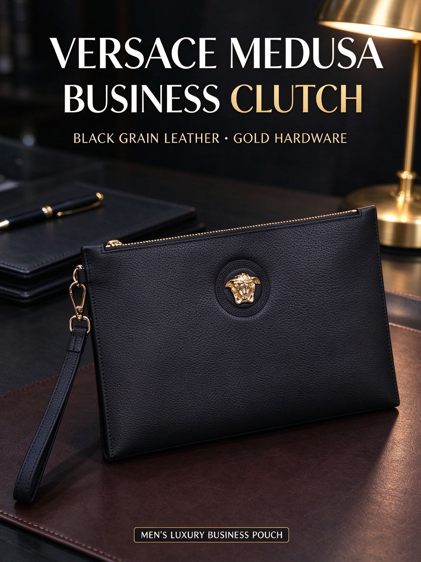 Versace Men Clutch Bag, Black Grain Leather with Gold Medusa Head, Large Capacity Business Hand Pouch