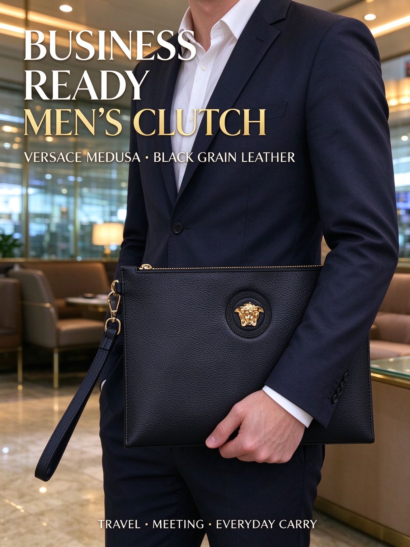Versace Men Clutch Bag, Black Grain Leather with Gold Medusa Head, Large Capacity Business Hand Pouch 图 4