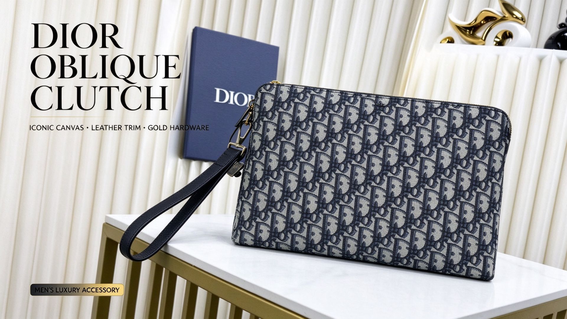Dior Oblique Jacquard Clutch Bag, Large Capacity Business Zipper Pouch with Wrist Strap