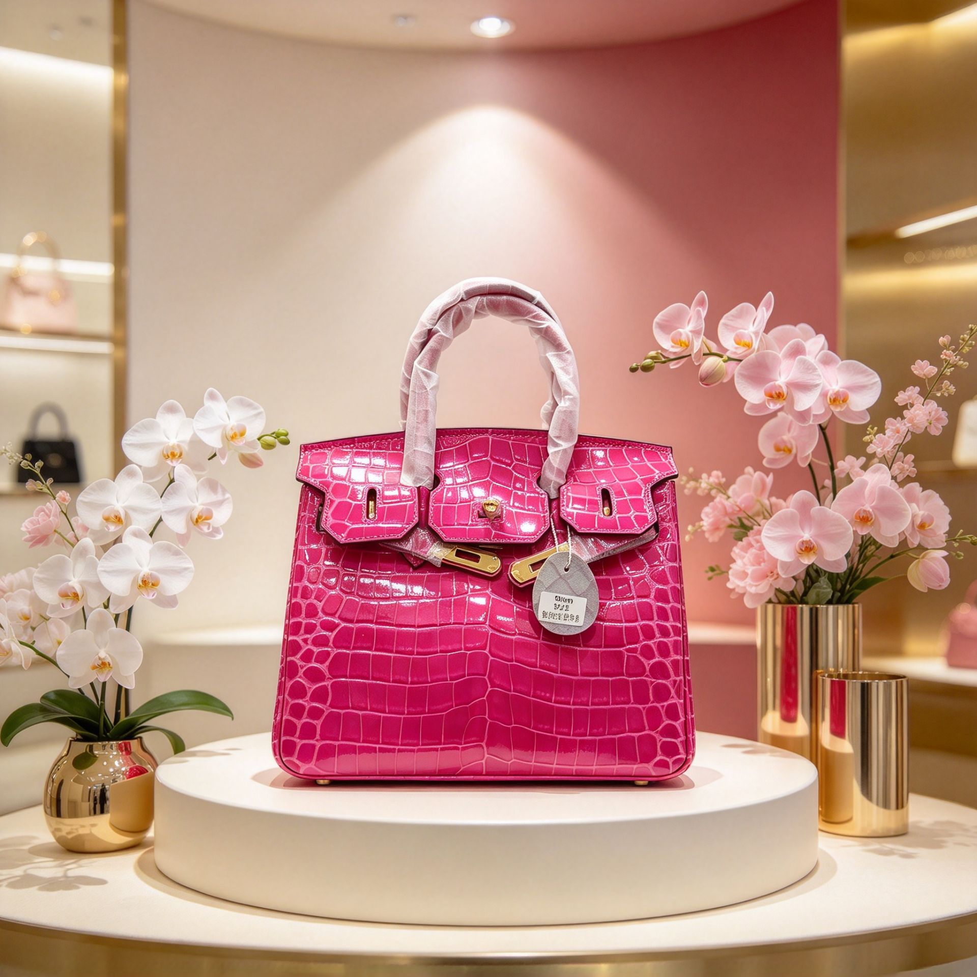 30cm Rose Red Crocodile Pattern Stylized Handbag Top Cowhide Light Luxury Ladies Handbag