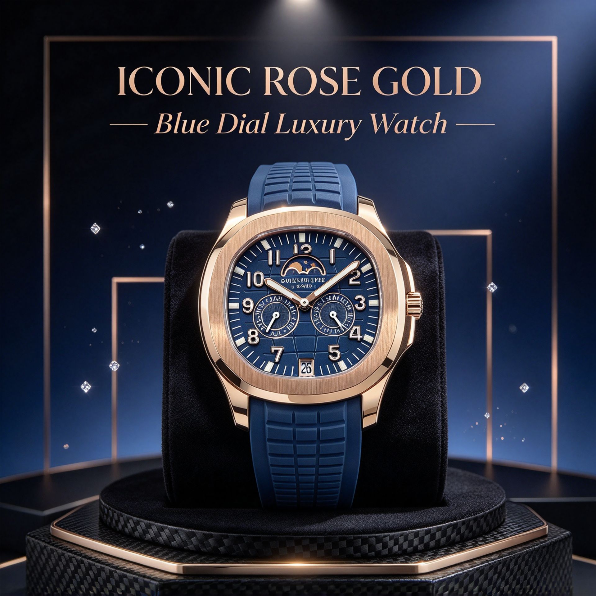 Rose Gold Calendar Moon Grenade Blue Disc Rubber Band Men's Luxury Sport Watch