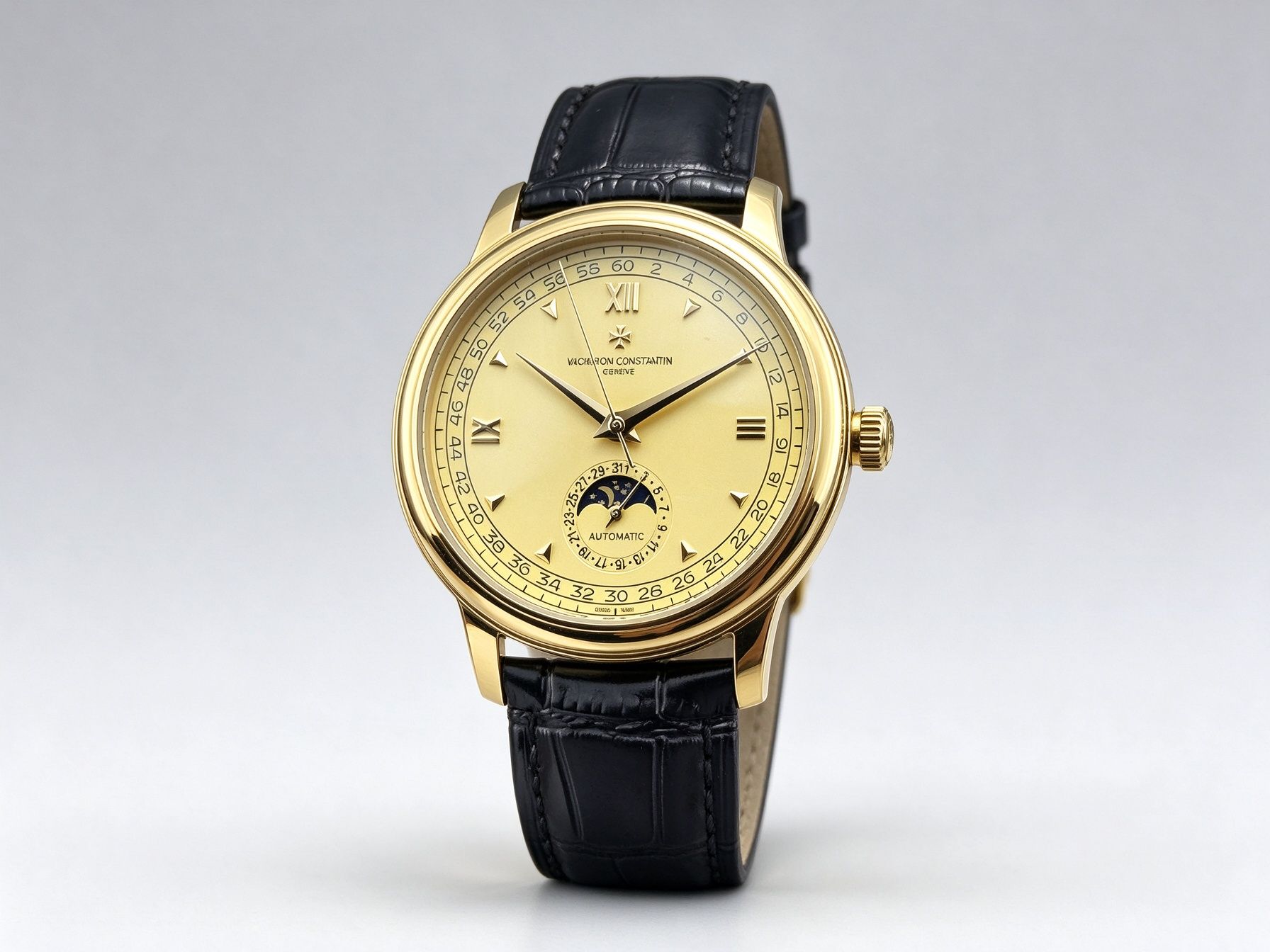 Vacheron Constantin Lelaki Vintage Moonphase Paparan Kalendar Jam Tangan Tali Kulit Perniagaan Automatik