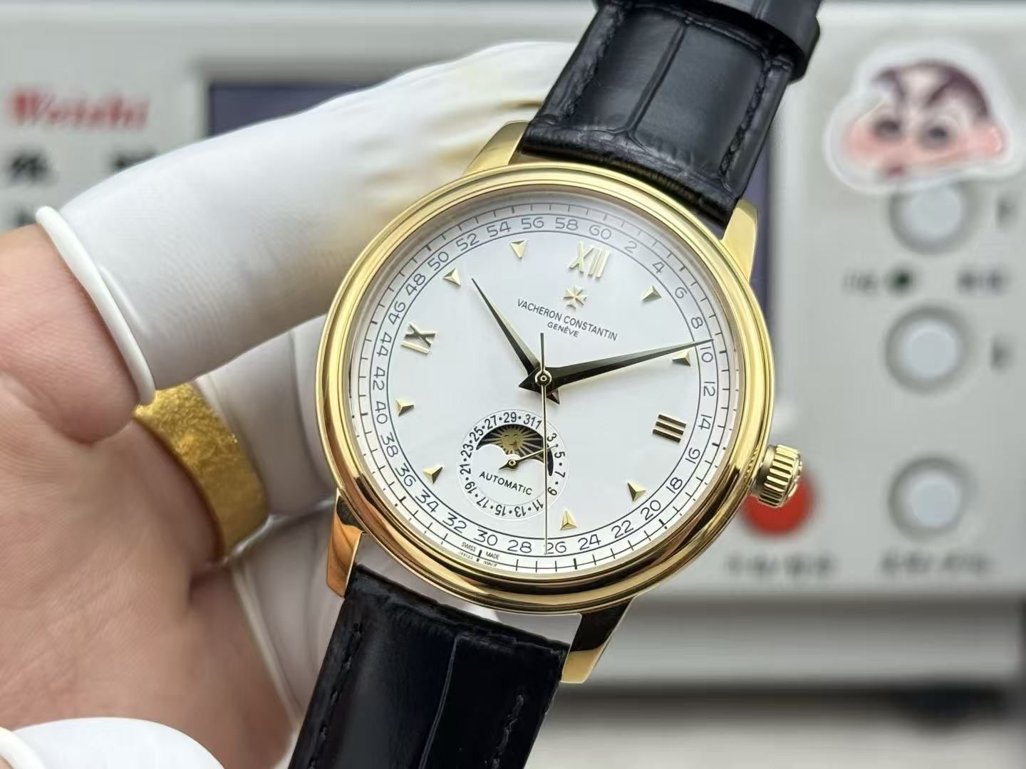 Vacheron Constantin Lelaki Vintage Moonphase Paparan Kalendar Jam Tangan Tali Kulit Perniagaan Automatik 图 6