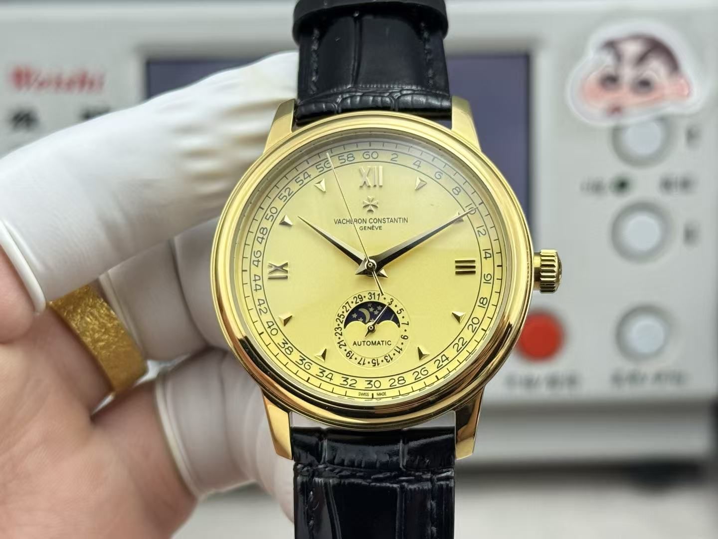 Vacheron Constantin Lelaki Vintage Moonphase Paparan Kalendar Jam Tangan Tali Kulit Perniagaan Automatik 图 2