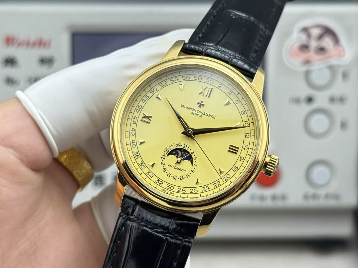 Vacheron Constantin Lelaki Vintage Moonphase Paparan Kalendar Jam Tangan Tali Kulit Perniagaan Automatik 图 3