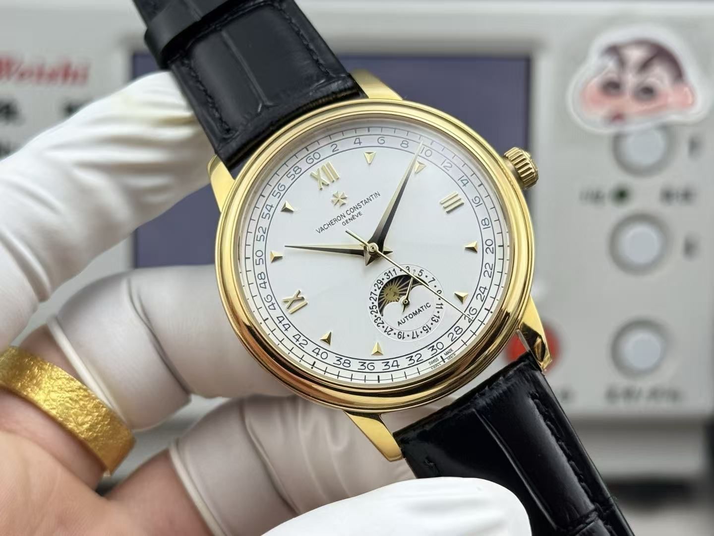 Vacheron Constantin Lelaki Vintage Moonphase Paparan Kalendar Jam Tangan Tali Kulit Perniagaan Automatik 图 7