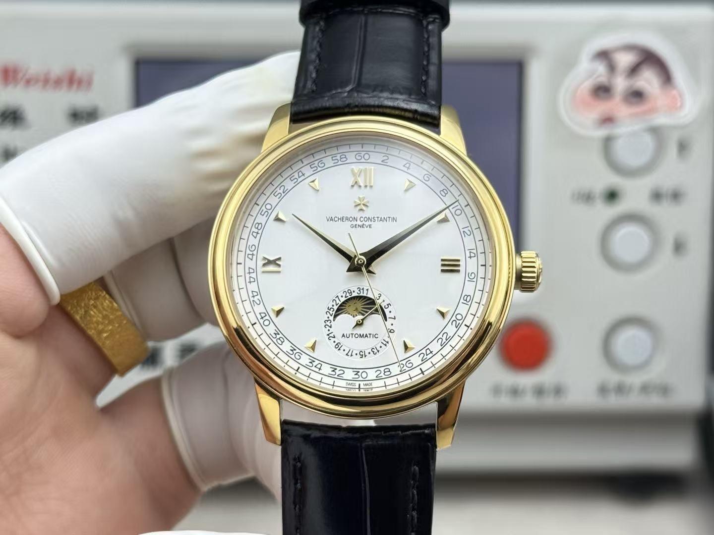 Vacheron Constantin Lelaki Vintage Moonphase Paparan Kalendar Jam Tangan Tali Kulit Perniagaan Automatik 图 5