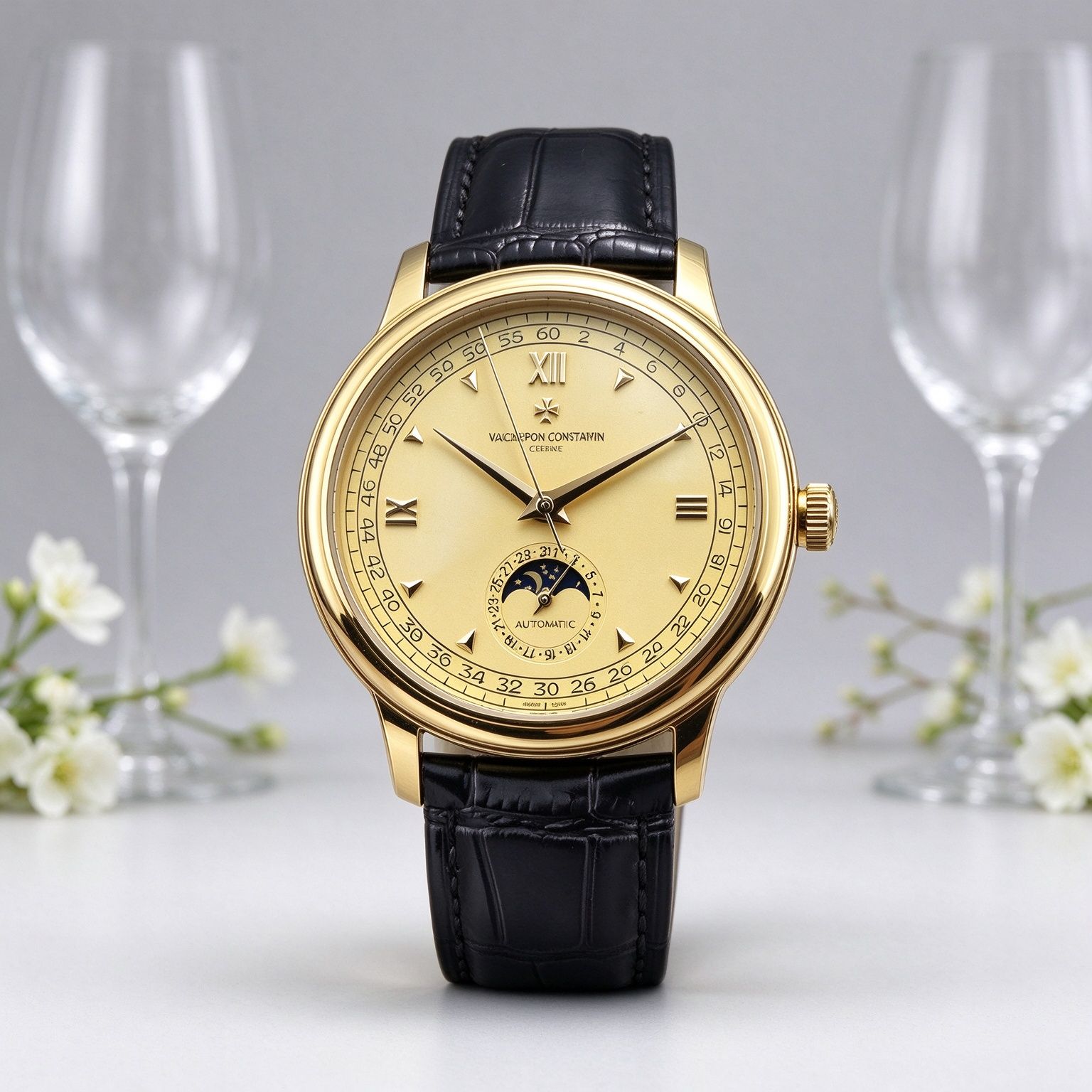 Vacheron Constantin Lelaki Vintage Moonphase Paparan Kalendar Jam Tangan Tali Kulit Perniagaan Automatik