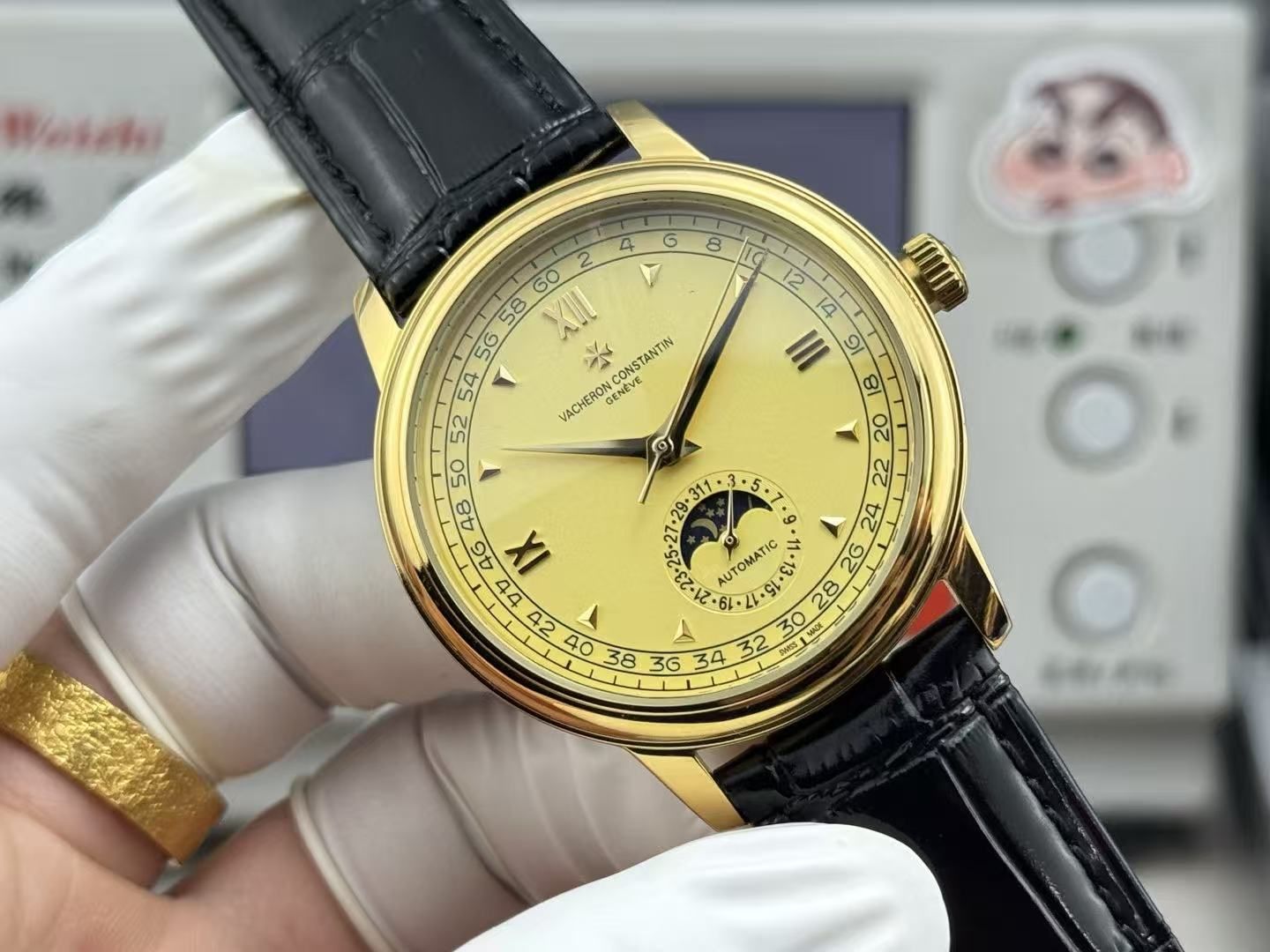 Vacheron Constantin Lelaki Vintage Moonphase Paparan Kalendar Jam Tangan Tali Kulit Perniagaan Automatik 图 4