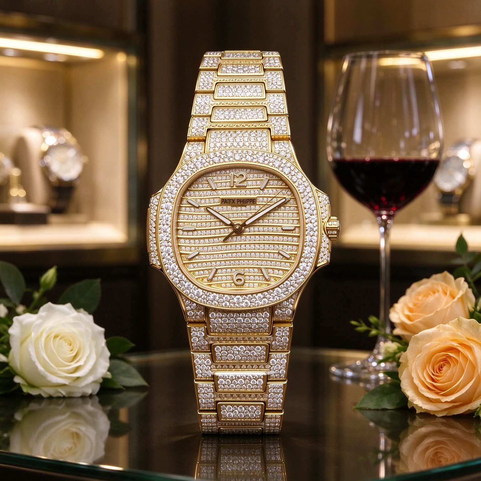 Patek Philippe Nautilus  Nautilus Berlian Penuh Wanita (  7118 Versi berlian penuh) Kes Nautilus Octagon Ikonik Dail ini juga direka dengan jalur melintang dan berlian penuh.