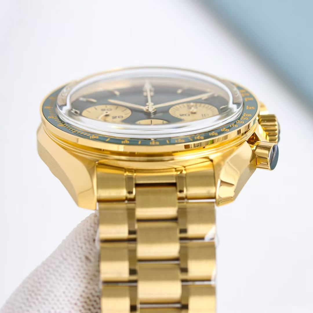 นาฬิกา Omega Speedmaster Men's Automatic Chronograph Green Dial Gold Case นาฬิกามาตรวัดความเร็วสายเหล็กสีทอง 图 6