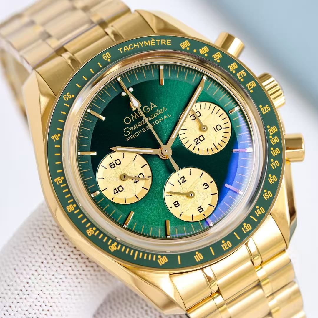 นาฬิกา Omega Speedmaster Men's Automatic Chronograph Green Dial Gold Case นาฬิกามาตรวัดความเร็วสายเหล็กสีทอง 图 3