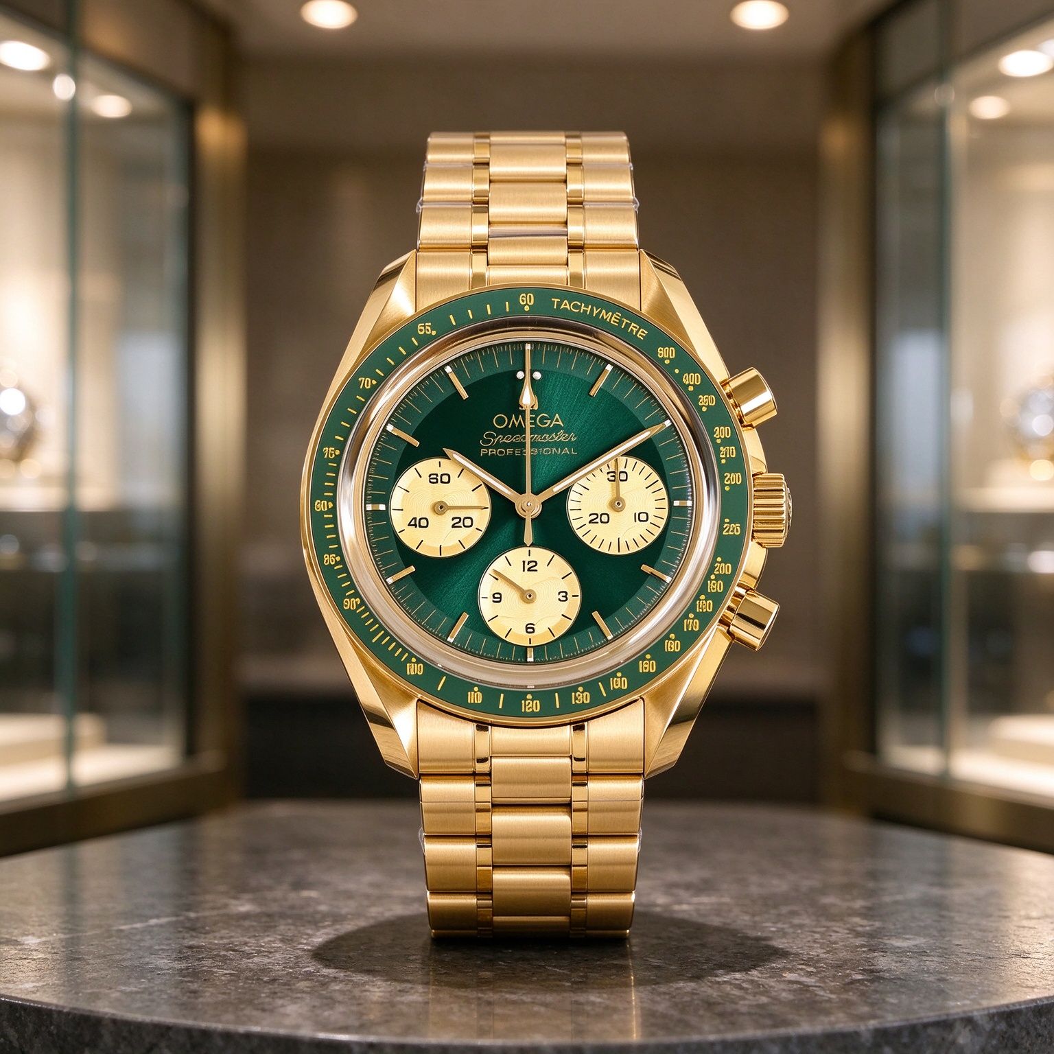 Omega Speedmaster Lelaki Automatik Chronograph Dail Hijau Gold Case Gold Steel Band Speedometer Watch