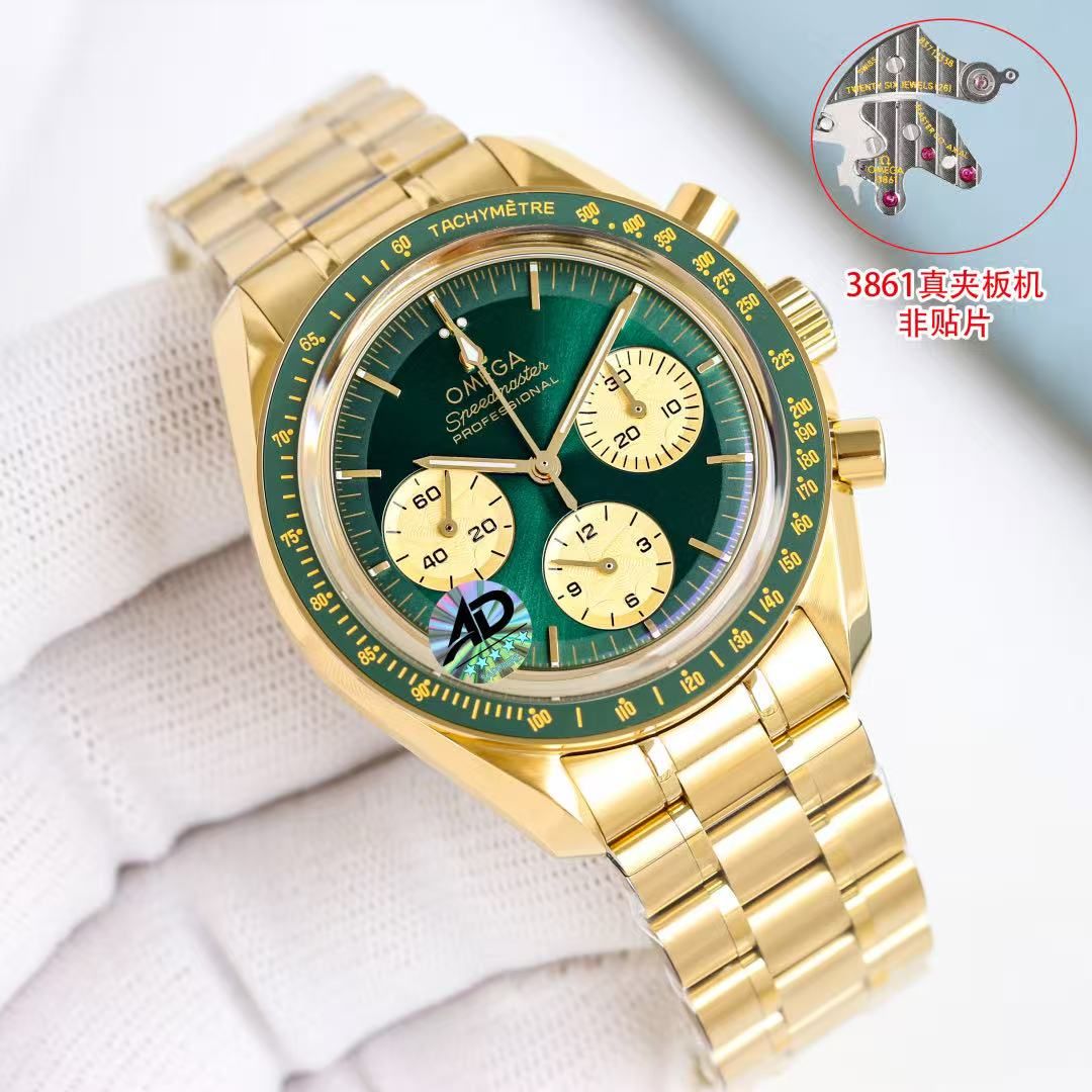 นาฬิกา Omega Speedmaster Men's Automatic Chronograph Green Dial Gold Case นาฬิกามาตรวัดความเร็วสายเหล็กสีทอง 图 2