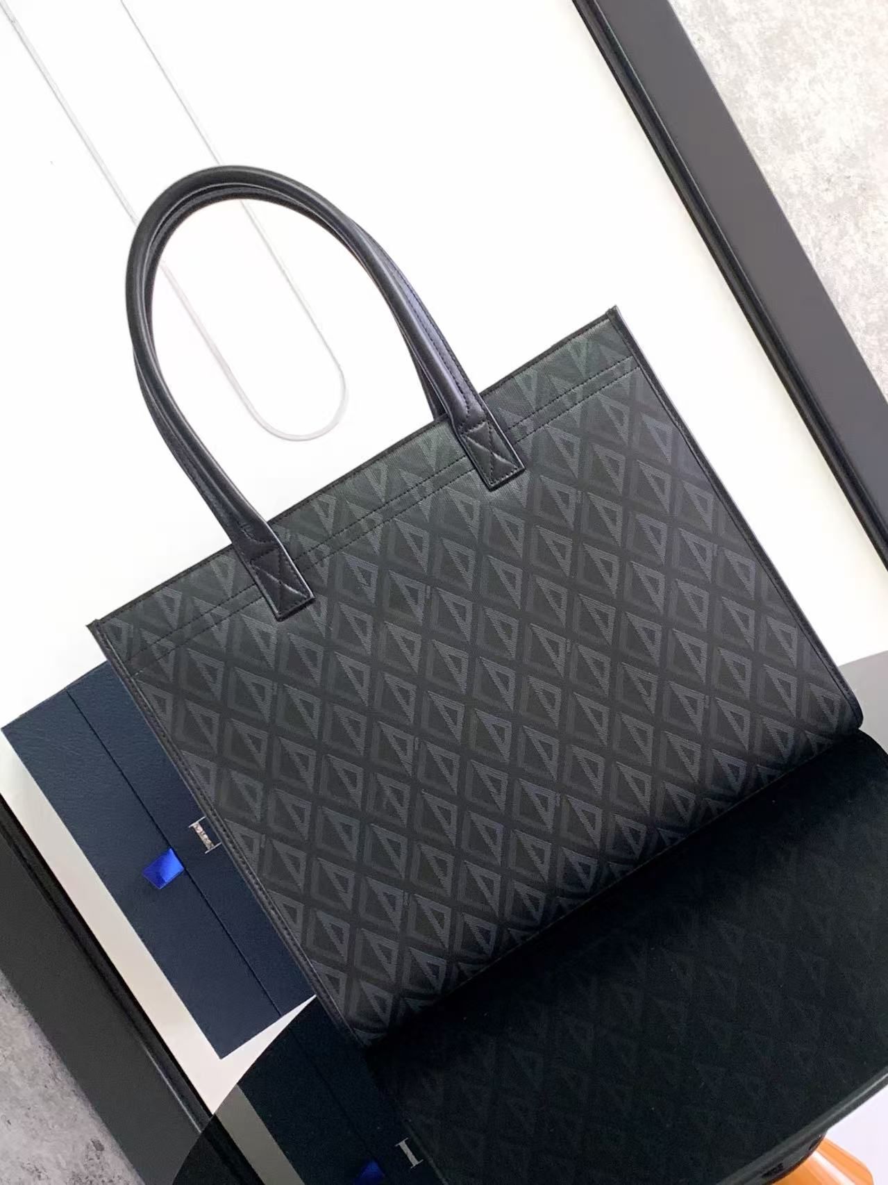 Dior Safari beg tote lelaki CD Diamond Beg tangan kanvas berlian hitam Beg komputer riba perniagaan 图 2