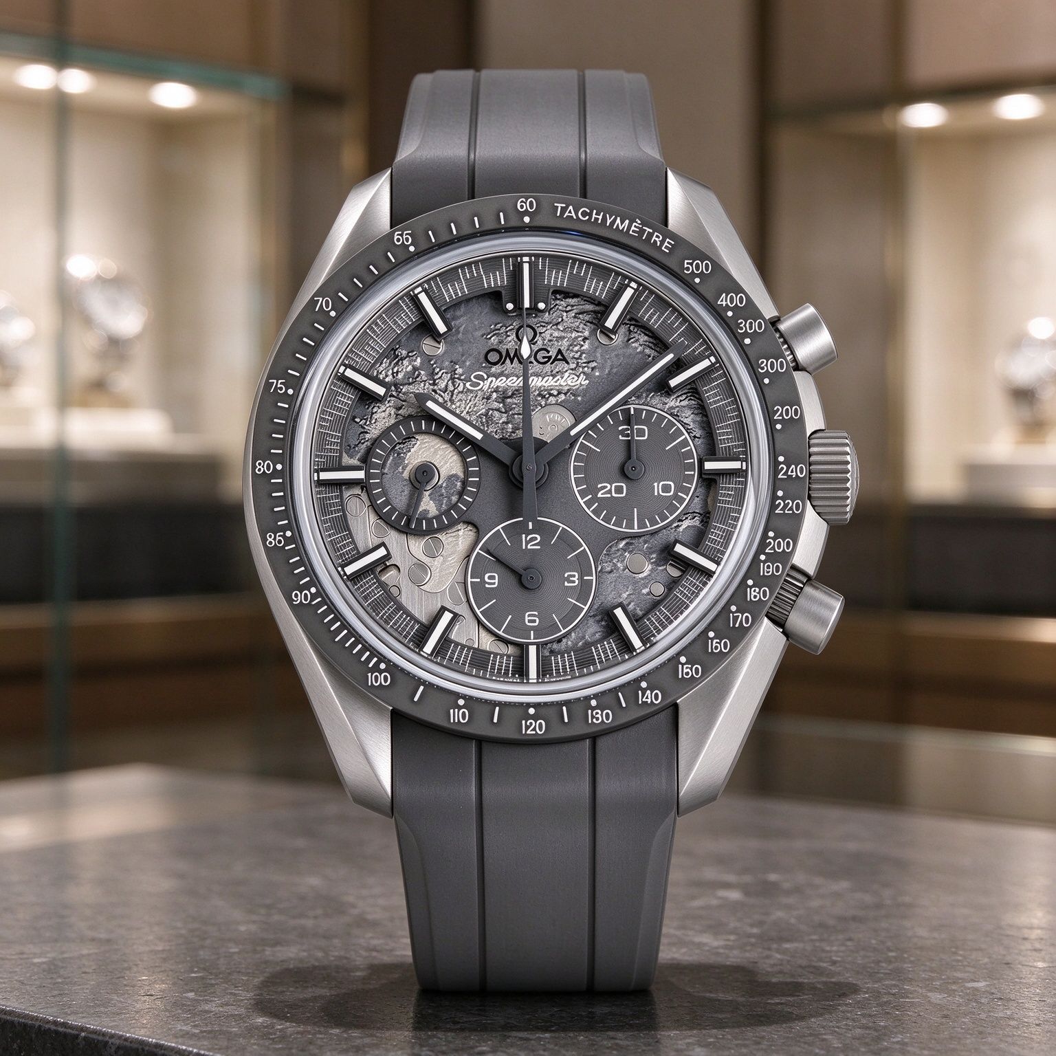 Omega Speedmaster Lunar Meteorite Disc Lelaki Automatik Chronograph Grey Rubber Band Speedometer Watch