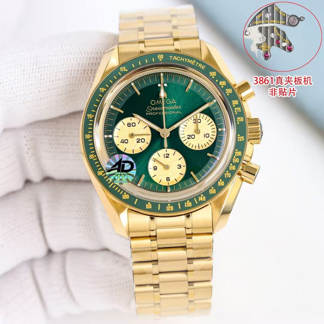 นาฬิกา Omega Speedmaster Men's Automatic Chronograph Green Dial Gold Case นาฬิกามาตรวัดความเร็วสายเหล็กสีทอง