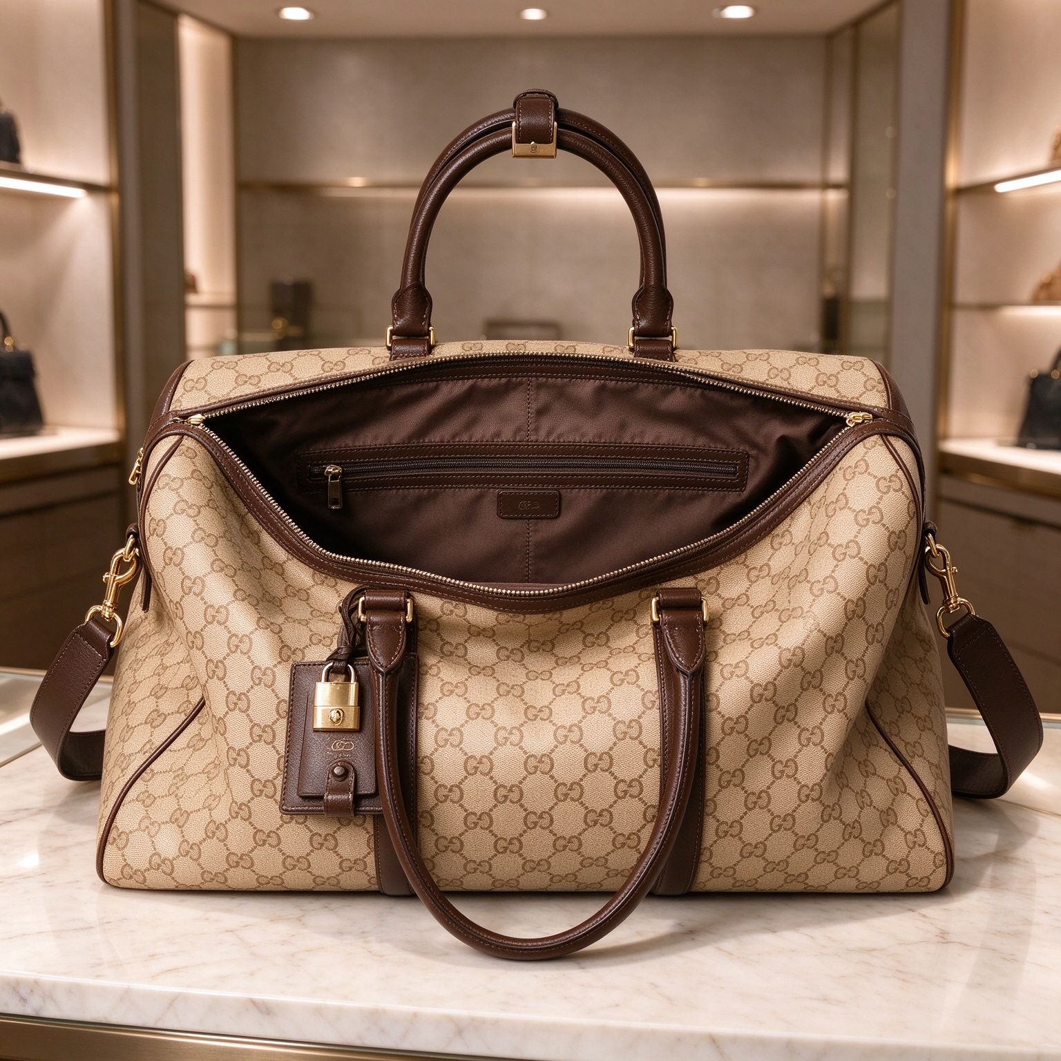 Gucci Spot Men's Vintage Print Travel Bag 2026 New Large Capacity Handheld Crossbody Bag, Black & Beige 2 Colors Available 图 4