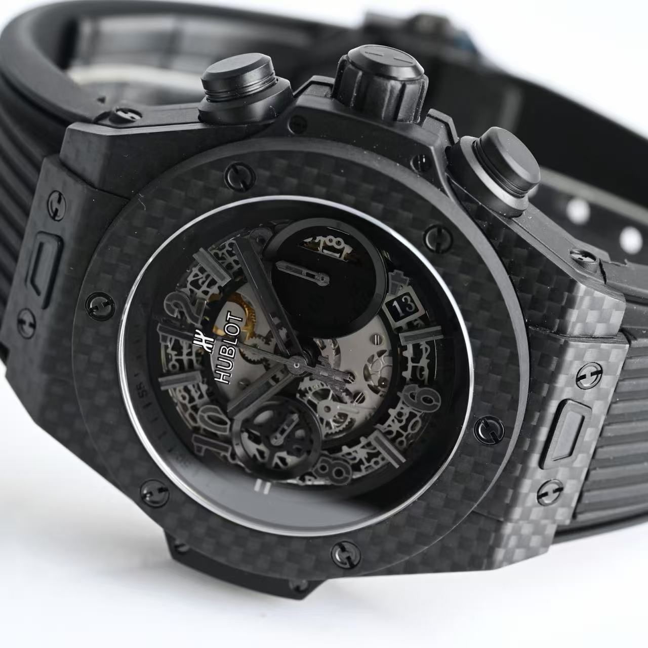 Big Bang Unico Skeleton Chronograph Men's 45mm Carbon Style Rubber Band Sport Watch 图 4