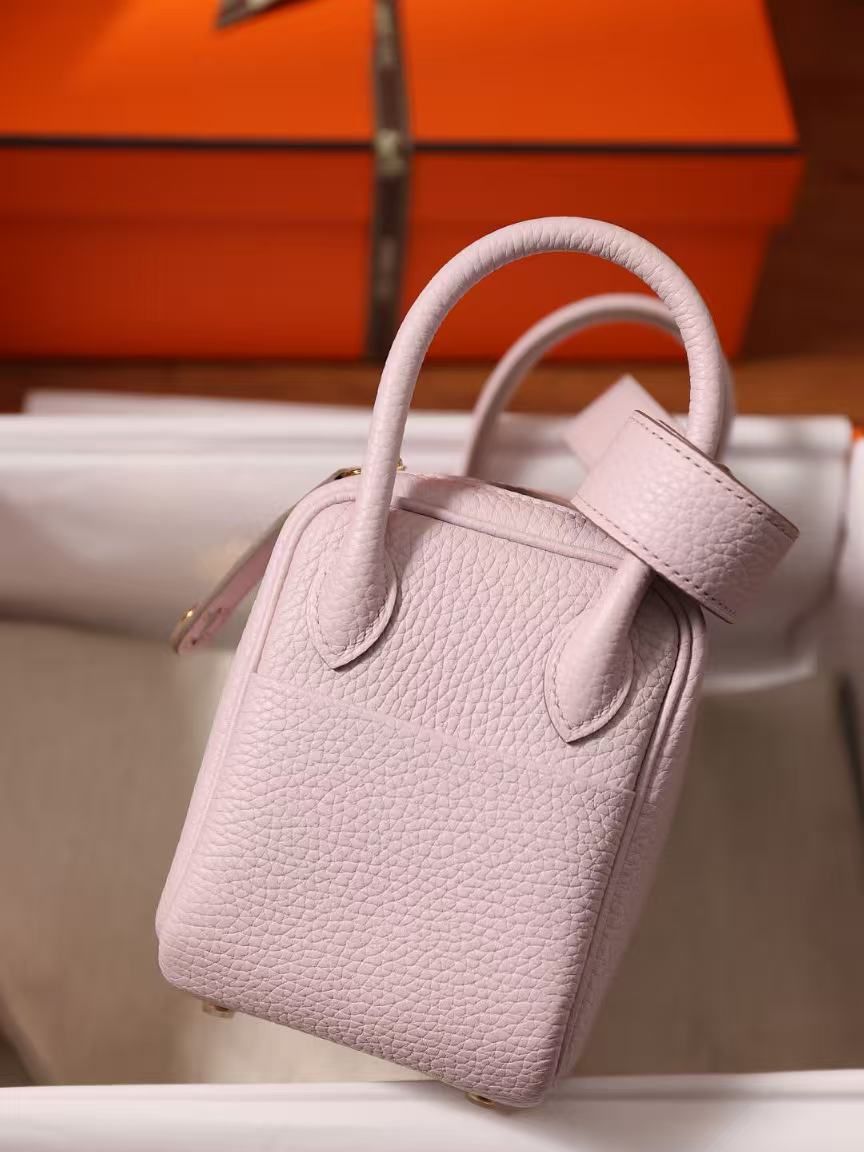 Hermès Mini Lindy Litchi Women's Bag Elephant Grey/Pure White/Sakura Pink Handbag Crossbody Light Luxury Small Bag 图 5