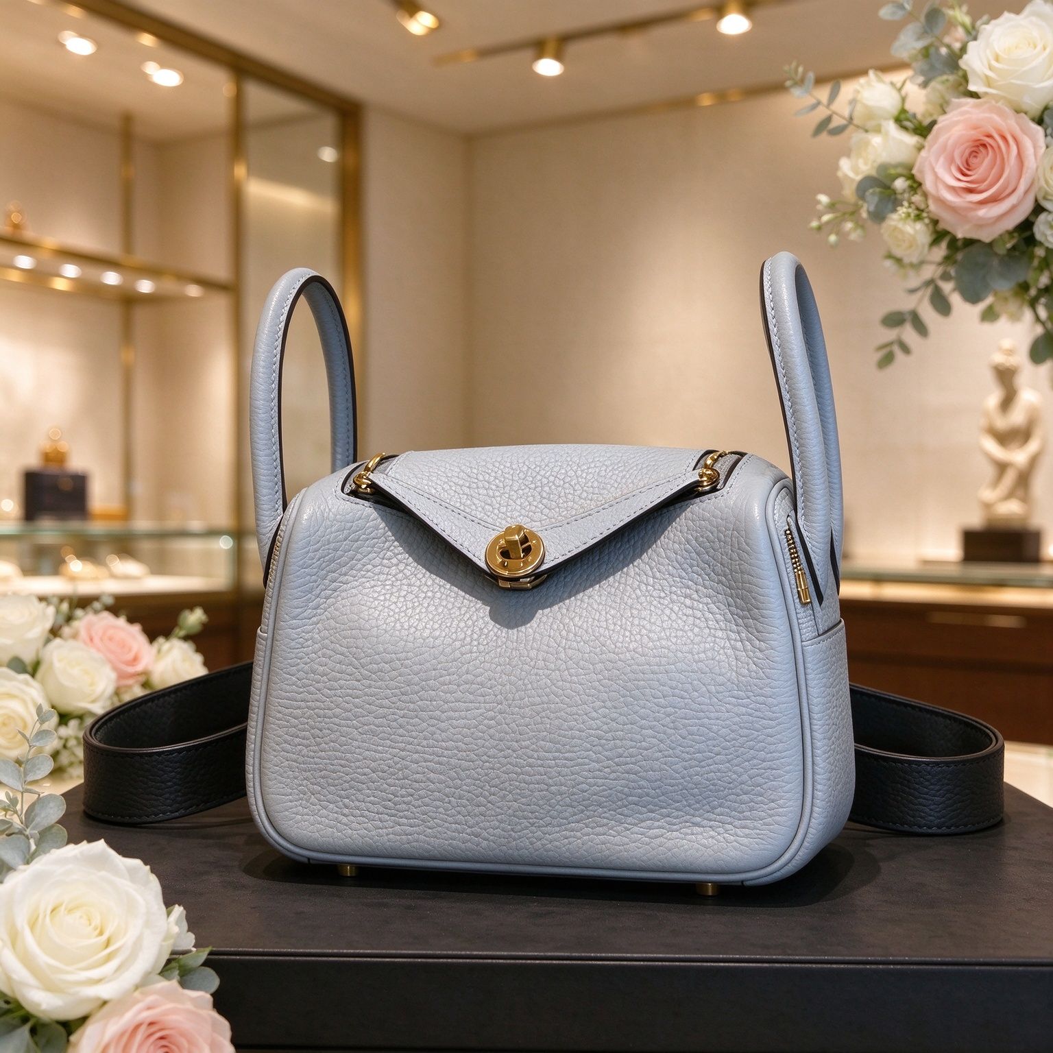 Hermès mini Lindy style lychee small bag smog blue light luxury messenger handbag