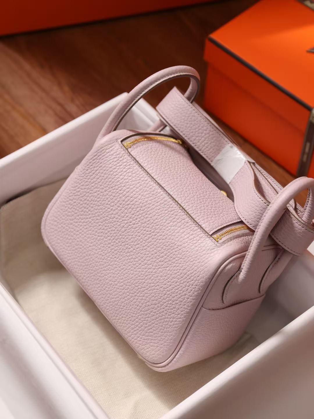 Hermès Mini Lindy Litchi Women's Bag Elephant Grey/Pure White/Sakura Pink Handbag Crossbody Light Luxury Small Bag 图 9